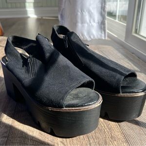 stylish chunky black suede heels platforms with zipper on each side. size 8 US.